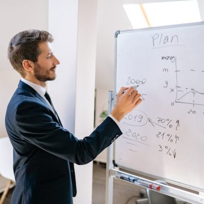 A businessman in a suit writes financial data on a whiteboard during an office planning session.